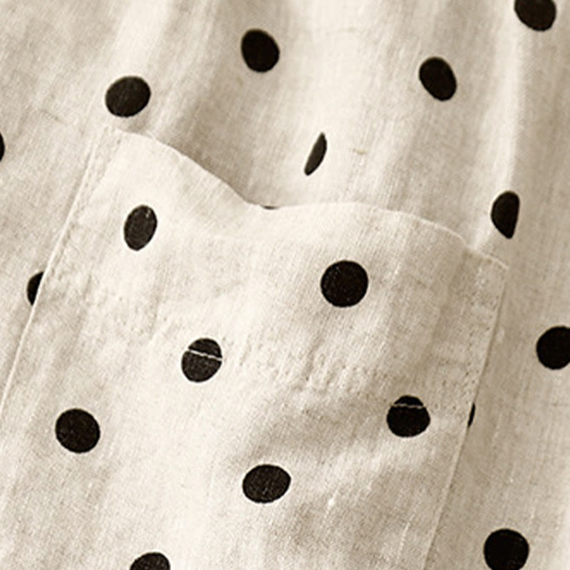 Pantalones de lino y algodón con cordón y lunares negros informales para mujer con bolsillos y Buddha Stones