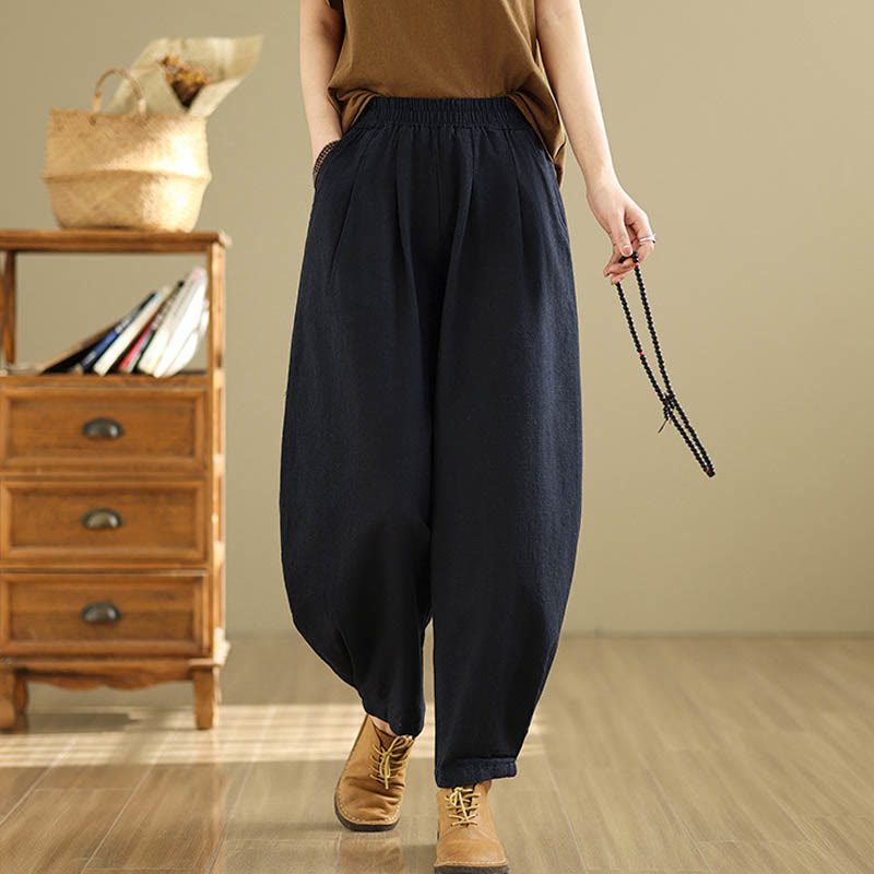 Pantalones de lino y algodón con cintura elástica cónica de color liso informales para mujer con bolsillos y Buddha Stones - image 21