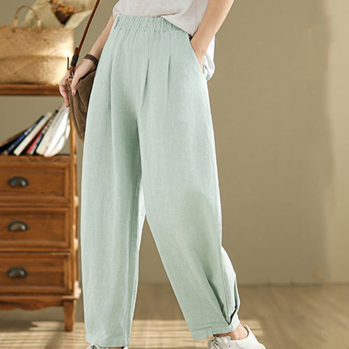 Pantalones de lino y algodón con cintura elástica cónica de color liso informales para mujer con bolsillos y Buddha Stones - image 32