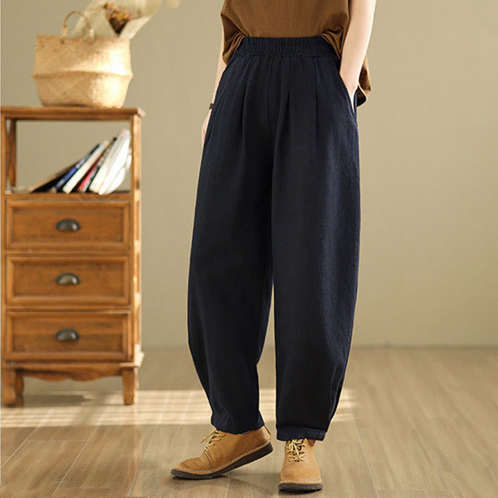 Pantalones de lino y algodón con cintura elástica cónica de color liso informales para mujer con bolsillos y Buddha Stones - image 23