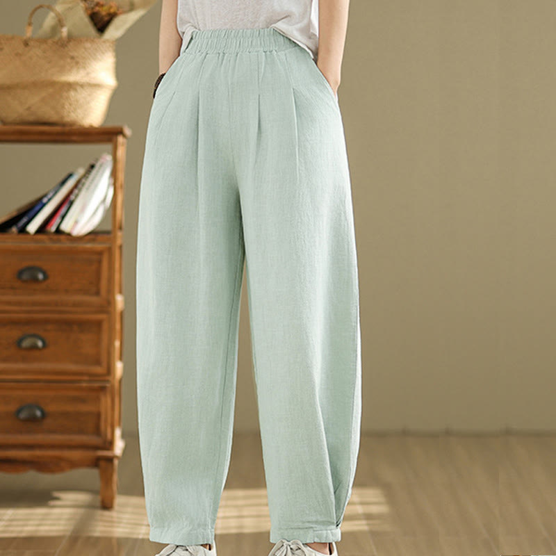 Pantalones de lino y algodón con cintura elástica cónica de color liso informales para mujer con bolsillos y Buddha Stones - image 33