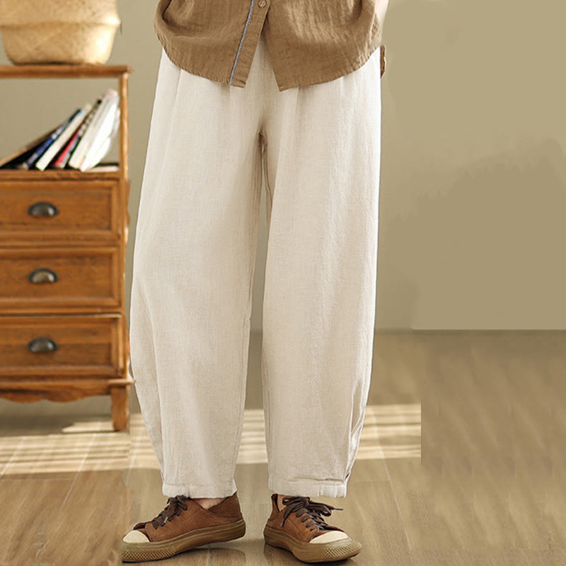 Pantalones de lino y algodón con cintura elástica cónica de color liso informales para mujer con bolsillos y Buddha Stones - image 11