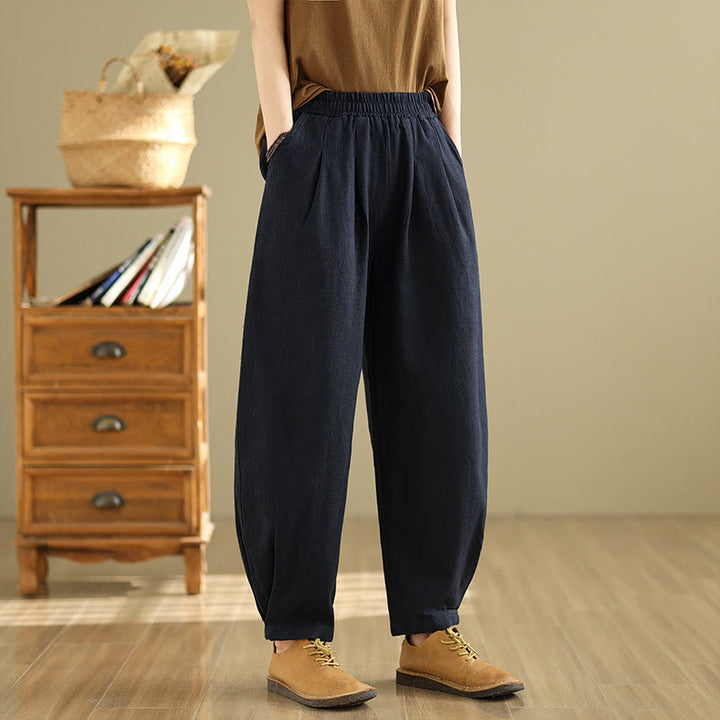 Pantalones de lino y algodón con cintura elástica cónica de color liso informales para mujer con bolsillos y Buddha Stones - image 24