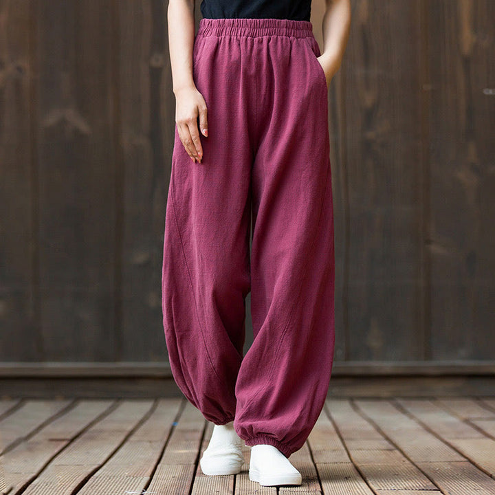Pantalones de mujer de algodón y ramio con cintura elástica y bolsillos de color liso con estampado de zanahoria y Buddha Stones - Rosa oscuro - US4,UK/AU8,EU36 (L) - image 0