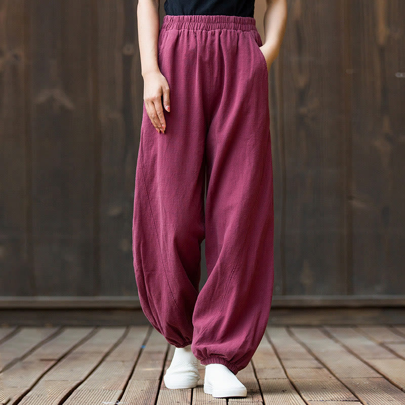 Pantalones de mujer de algodón y ramio con cintura elástica y bolsillos de color liso con estampado de zanahoria y Buddha Stones - Rosa oscuro - US4,UK/AU8,EU36 (L) - image 0
