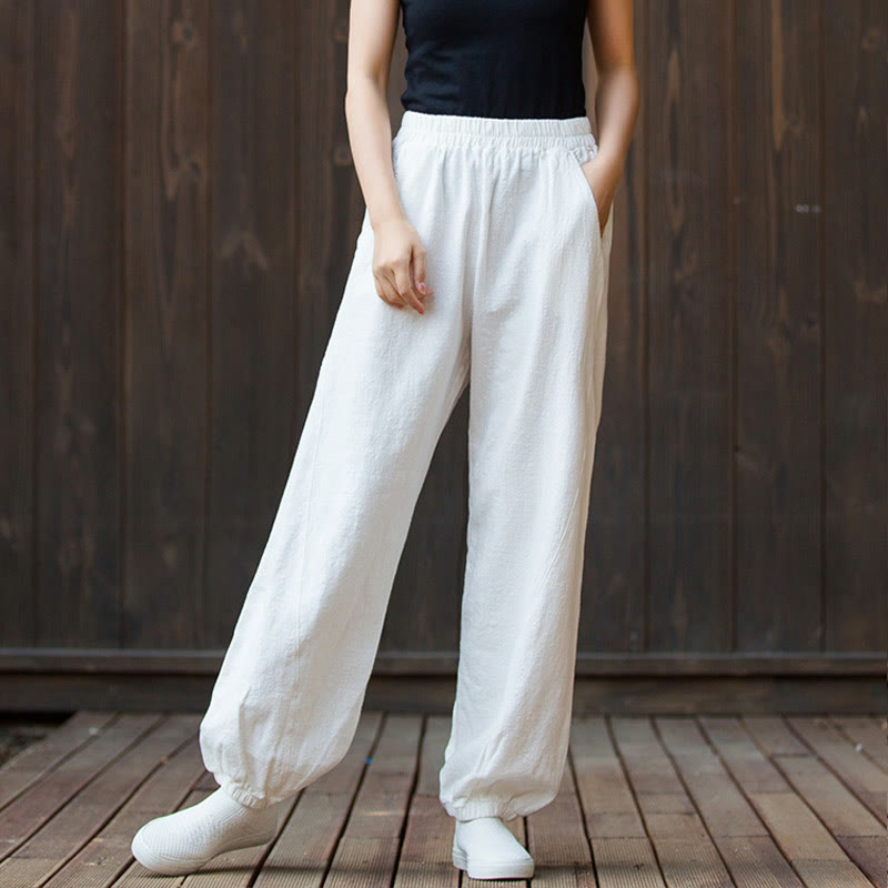 Pantalones de mujer de algodón y ramio con cintura elástica y bolsillos de color liso con estampado de zanahoria y Buddha Stones - image 10