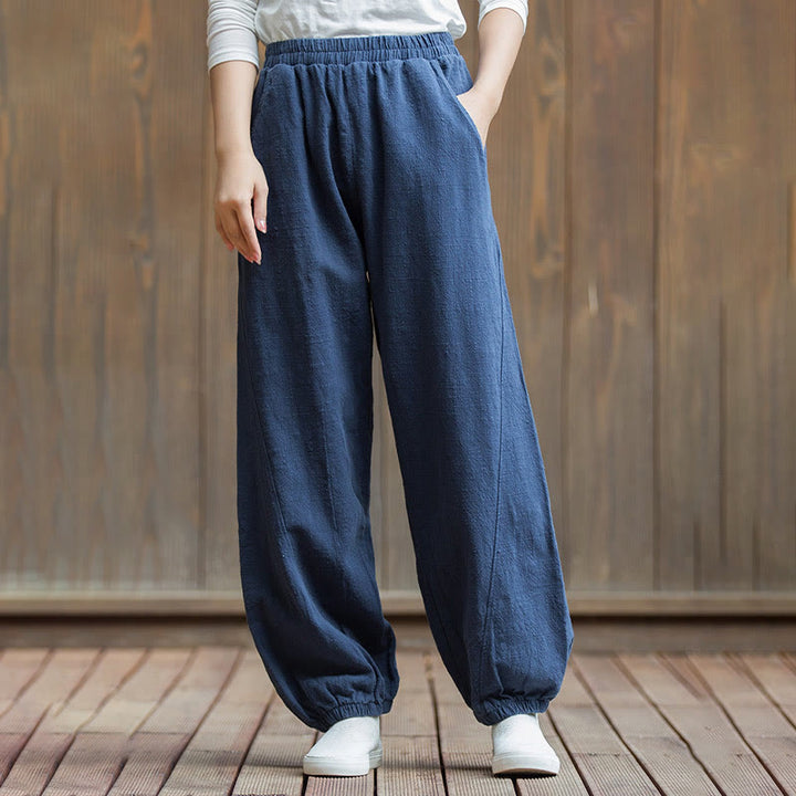 Pantalones de mujer de algodón y ramio con cintura elástica y bolsillos de color liso con estampado de zanahoria y Buddha Stones - image 39