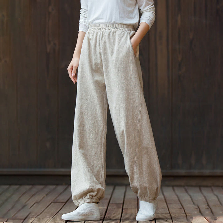 Pantalones de mujer de algodón y ramio con cintura elástica y bolsillos de color liso con estampado de zanahoria y Buddha Stones - image 19