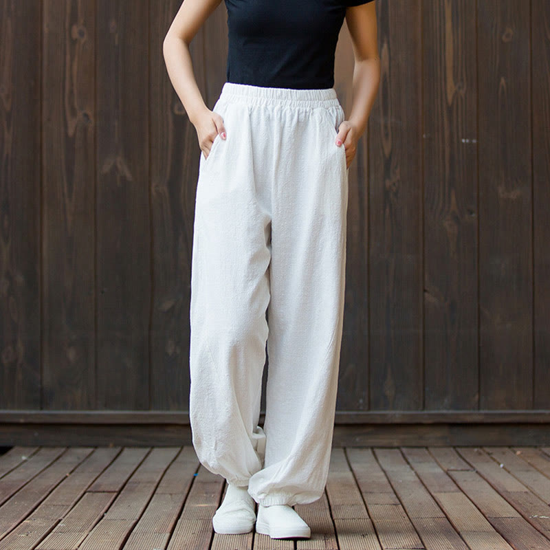 Pantalones de mujer de algodón y ramio con cintura elástica y bolsillos de color liso con estampado de zanahoria y Buddha Stones - image 8