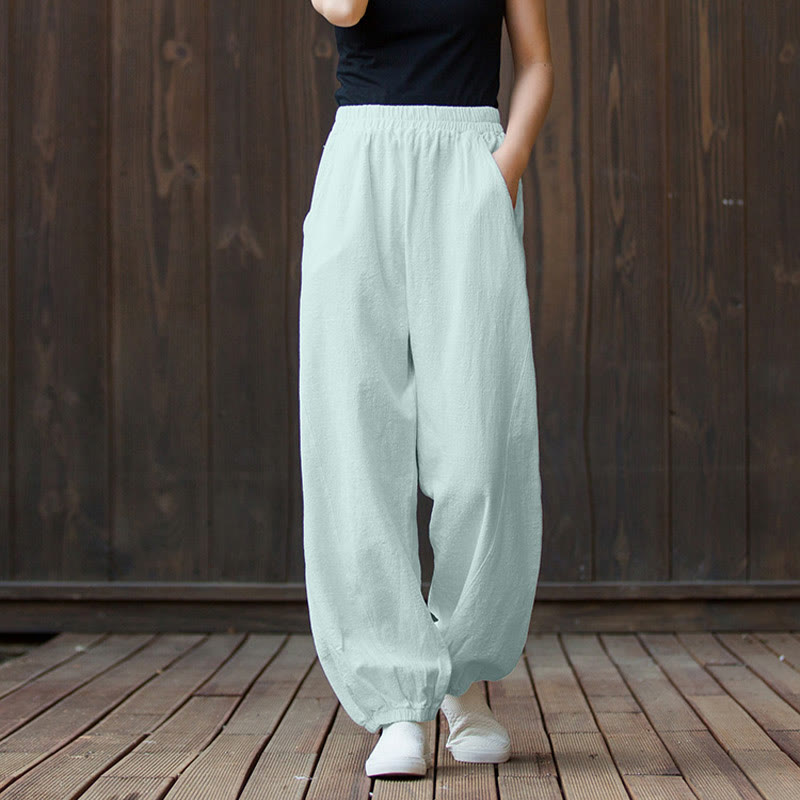 Pantalones de mujer de algodón y ramio con cintura elástica y bolsillos de color liso con estampado de zanahoria y Buddha Stones - Aguamarina - US4,UK/AU8,EU36 (L) - image 34