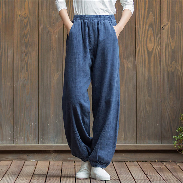 Pantalones de mujer de algodón y ramio con cintura elástica y bolsillos de color liso con estampado de zanahoria y Buddha Stones - Azul oscuro - US4,UK/AU8,EU36 (L) - image 38