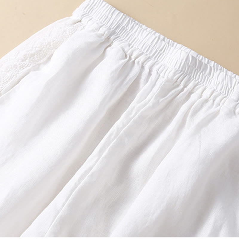Pantalones de lino con bordado de flores en los laterales y bolsillos para mujer con Buddha Stones
