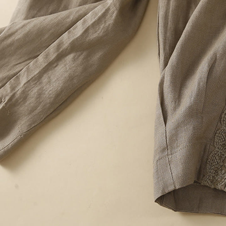 Pantalones de lino con bordado de flores en los laterales y bolsillos para mujer con Buddha Stones