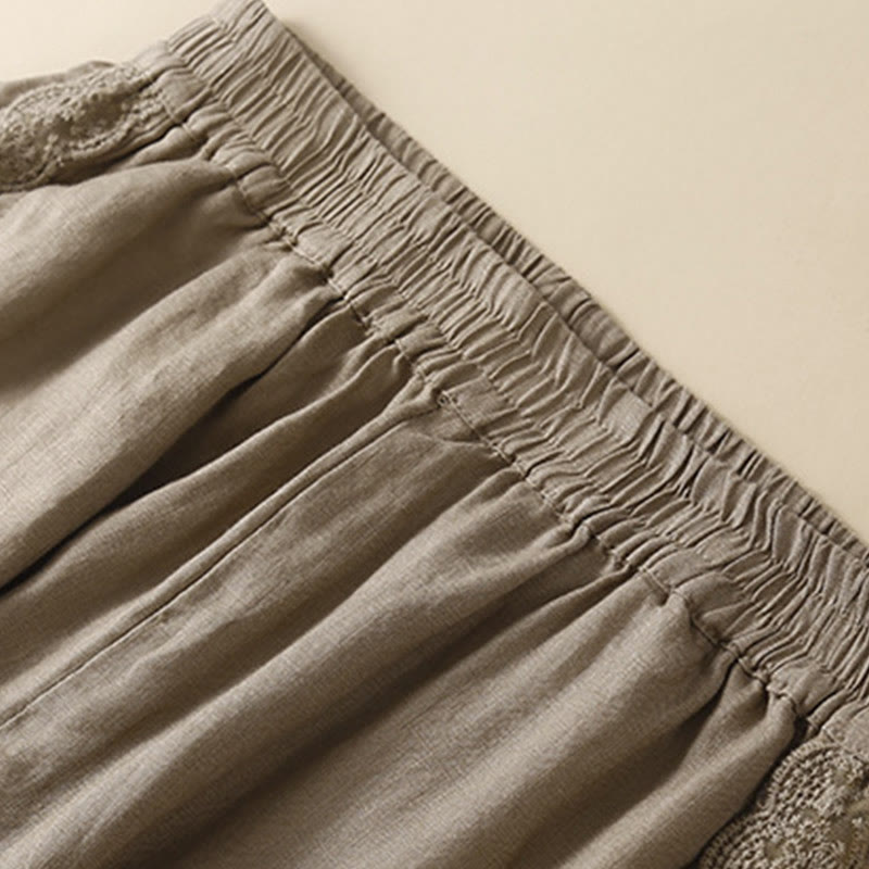 Pantalones de lino con bordado de flores en los laterales y bolsillos para mujer con Buddha Stones