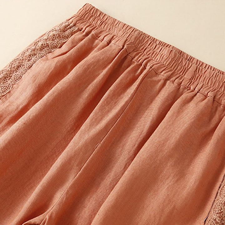 Pantalones de lino con bordado de flores en los laterales y bolsillos para mujer con Buddha Stones