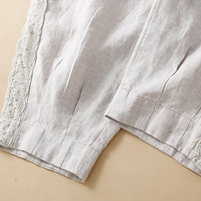 Pantalones de lino con bordado de flores en los laterales y bolsillos para mujer con Buddha Stones