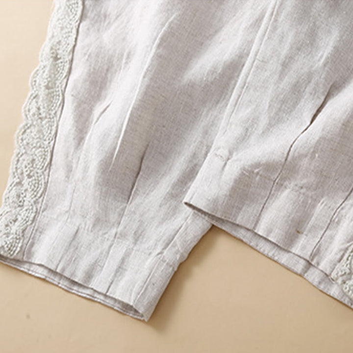 Pantalones de lino con bordado de flores en los laterales y bolsillos para mujer con Buddha Stones
