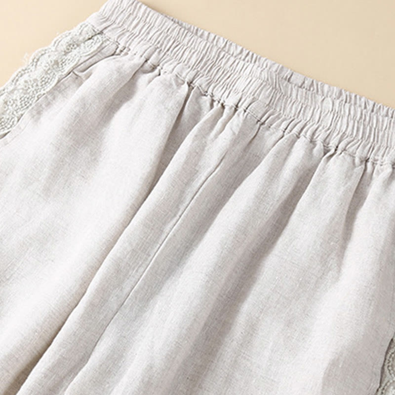 Pantalones de lino con bordado de flores en los laterales y bolsillos para mujer con Buddha Stones