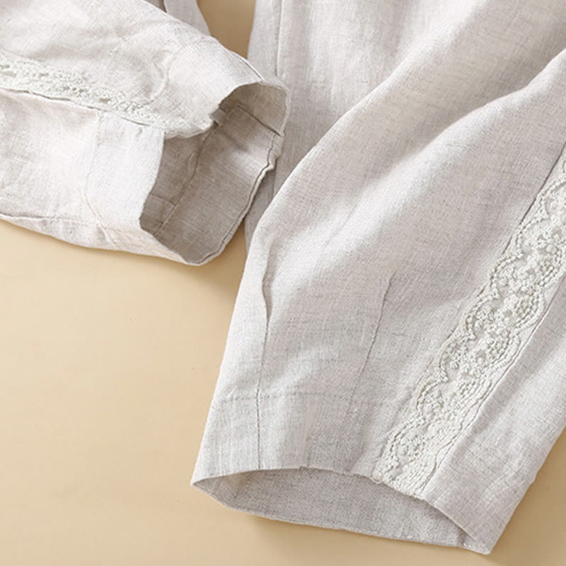 Pantalones de lino con bordado de flores en los laterales y bolsillos para mujer con Buddha Stones