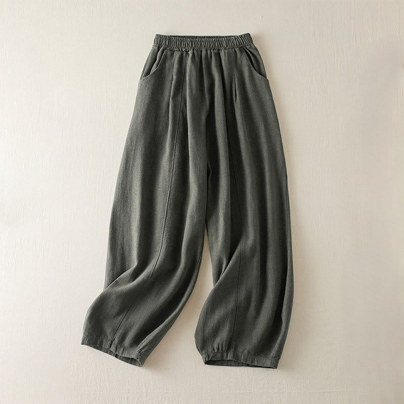 Pantalones de lino y algodón de color liso para mujer con bolsillos y Buddha Stones - Verde oliva oscuro - US8-10,UK/AU12-14,EU40-42 (2XL) - image 0