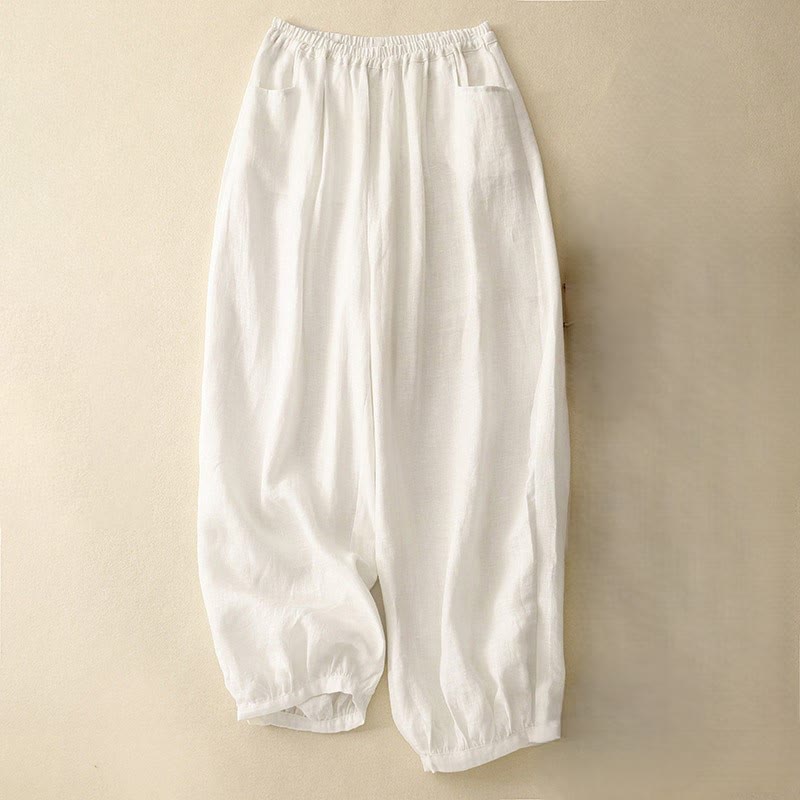 Pantalones casuales de lino de color liso con bolsillos para mujer de Buddha Stones - Beige - US8-10,UK/AU12-14,EU40-42 (2XL) - image 13