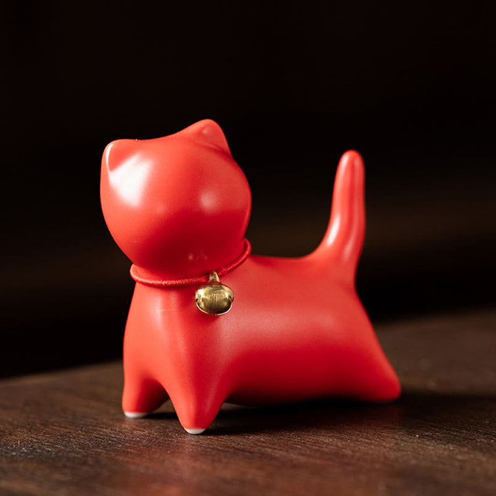 Figura decorativa de cerámica para escritorio del hogar con forma de gato acostado de pie y Buddha Stones - Gato de pie 5*2,5*4,5 cm - Rojo - image 14