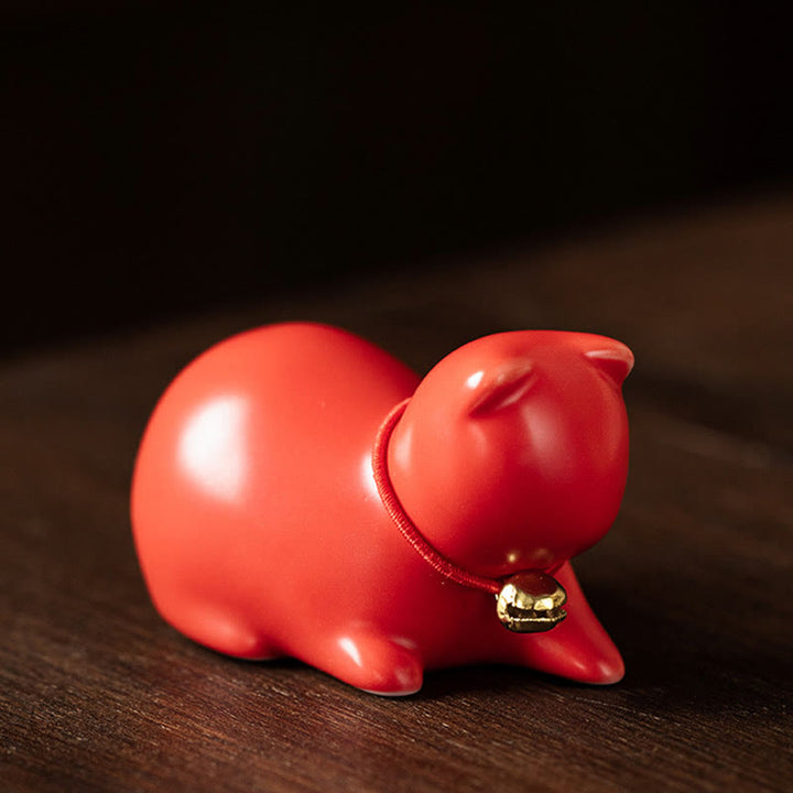 Figura decorativa de cerámica para escritorio del hogar con forma de gato acostado de pie y Buddha Stones - Gato acostado 5*3*3cm - Rojo - image 24