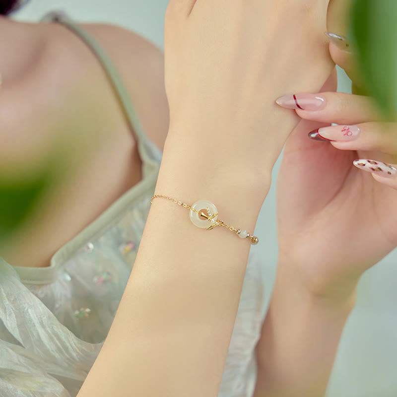 Pulsera de la suerte con hebilla de la paz y circonita cúbica en plata de ley 925 con jade hetiano y Buddha Stones - image 1