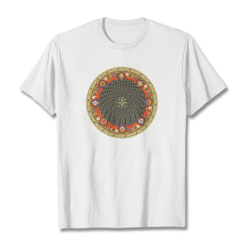 Camiseta de algodón con ocho símbolos auspiciosos y Buddha Stones en forma circular Om Mani Padme Hum - Blanco - 2XL - image 12