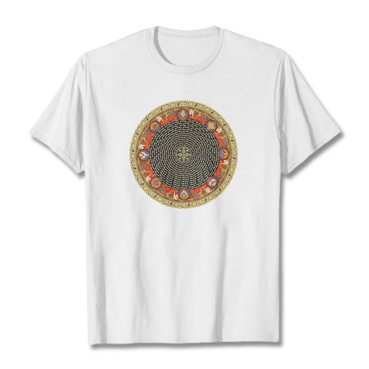 Camiseta de algodón con ocho símbolos auspiciosos y Buddha Stones en forma circular Om Mani Padme Hum - Blanco - 2XL - image 12