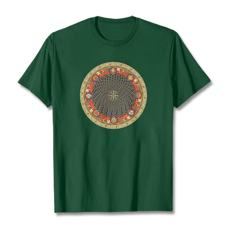 Camiseta de algodón con ocho símbolos auspiciosos y Buddha Stones en forma circular Om Mani Padme Hum - Verde bosque - 2XL - image 2