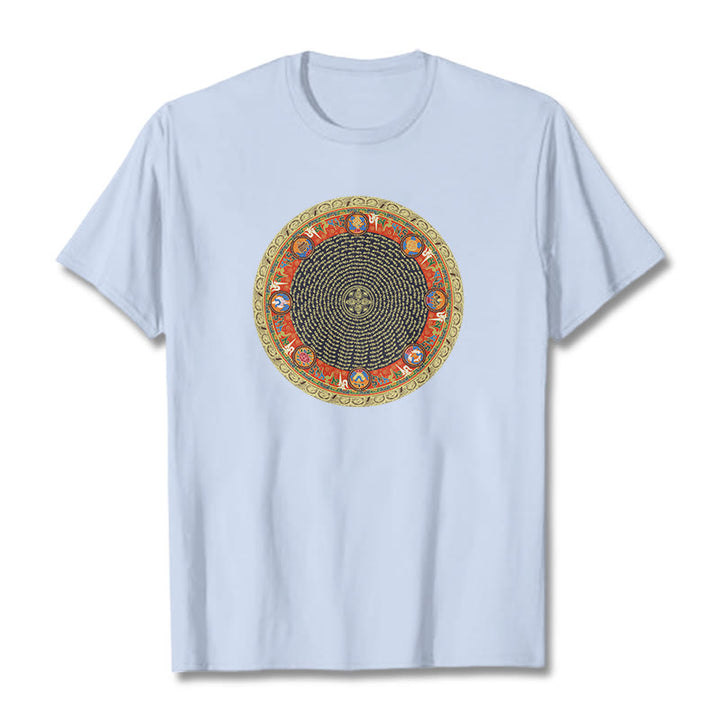 Camiseta de algodón con ocho símbolos auspiciosos y Buddha Stones en forma circular Om Mani Padme Hum - Cian claro - 2XL - image 9