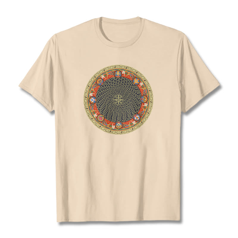 Camiseta de algodón con ocho símbolos auspiciosos y Buddha Stones en forma circular Om Mani Padme Hum - Sopa de mariscos - 2XL - image 10