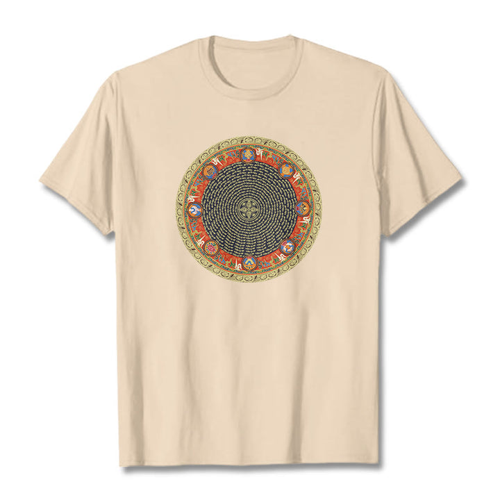 Camiseta de algodón con ocho símbolos auspiciosos y Buddha Stones en forma circular Om Mani Padme Hum - Sopa de mariscos - 2XL - image 10
