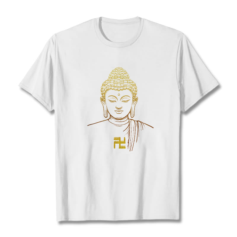 Camiseta de algodón con estampado de esvástica y Buda dorado con Buddha Stones - Blanco - 2XL - image 1