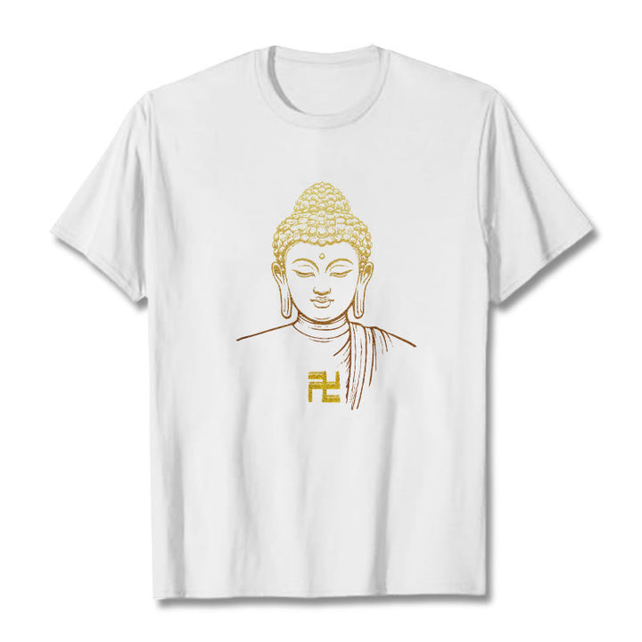 Camiseta de algodón con estampado de esvástica y Buda dorado con Buddha Stones - Blanco - 2XL - image 1