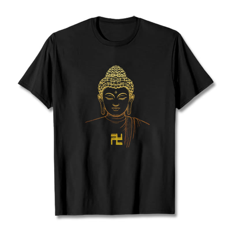 Camiseta de algodón con estampado de esvástica y Buda dorado con Buddha Stones - Negro - 2XL - image 5