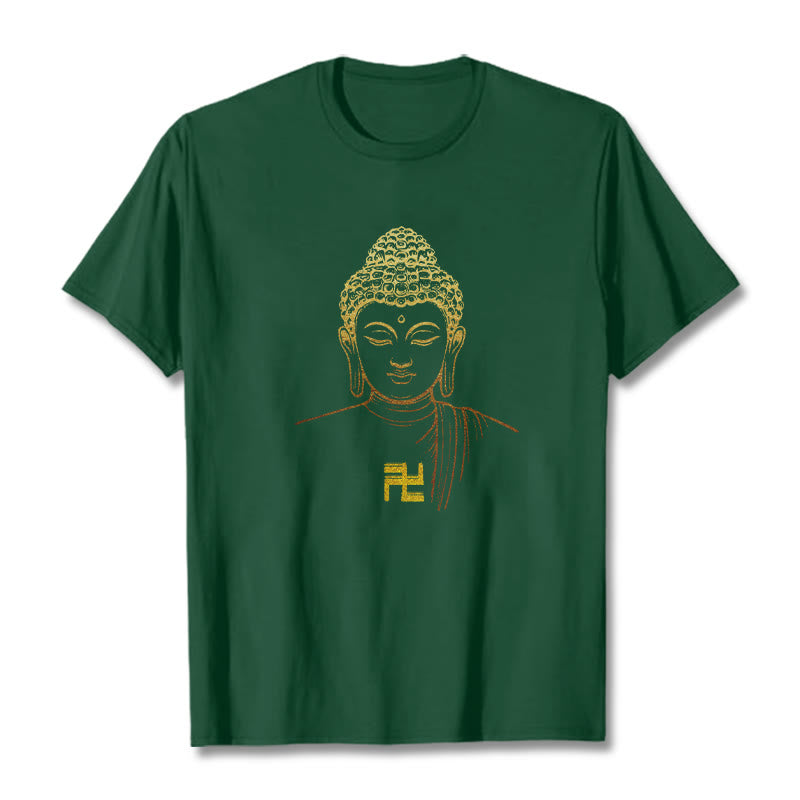 Camiseta de algodón con estampado de esvástica y Buda dorado con Buddha Stones - Verde bosque - 2XL - image 9