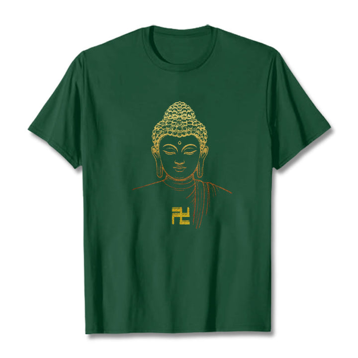 Camiseta de algodón con estampado de esvástica y Buda dorado con Buddha Stones - Verde bosque - 2XL - image 9