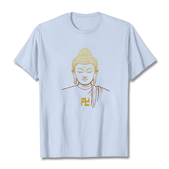 Camiseta de algodón con estampado de esvástica y Buda dorado con Buddha Stones - Cian claro - 2XL - image 17