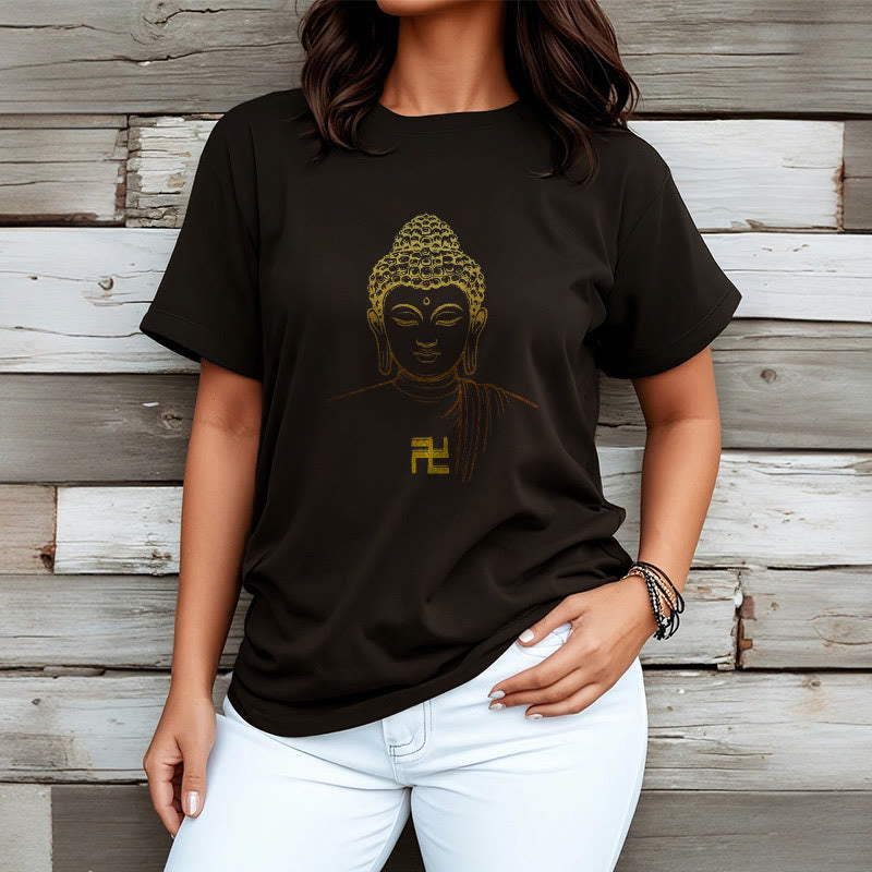 Camiseta de algodón con estampado de esvástica y Buda dorado con Buddha Stones - image 8