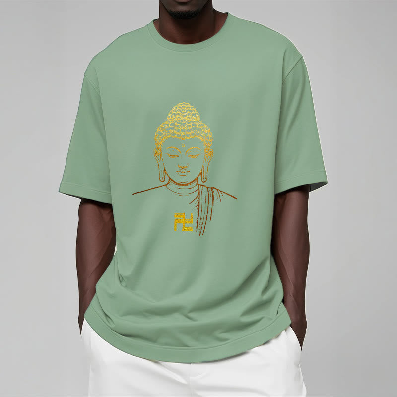 Camiseta de algodón con estampado de esvástica y Buda dorado con Buddha Stones - image 14