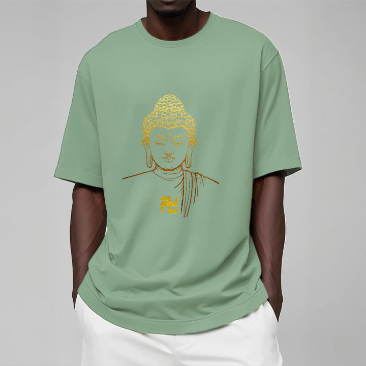 Camiseta de algodón con estampado de esvástica y Buda dorado con Buddha Stones - image 14
