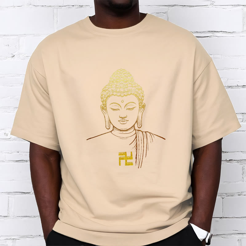 Camiseta de algodón con estampado de esvástica y Buda dorado con Buddha Stones - image 12