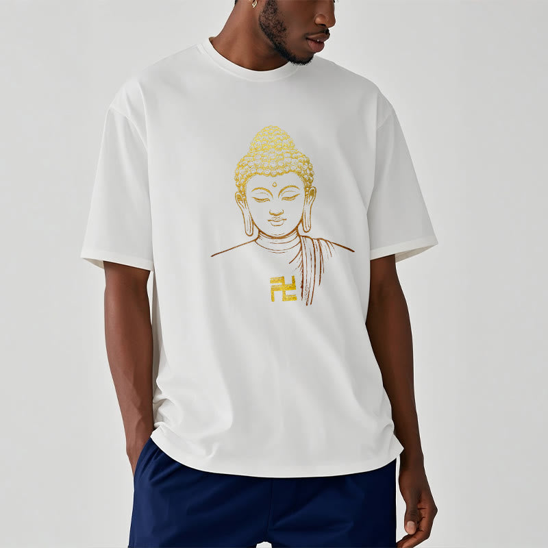 Camiseta de algodón con estampado de esvástica y Buda dorado con Buddha Stones - image 3