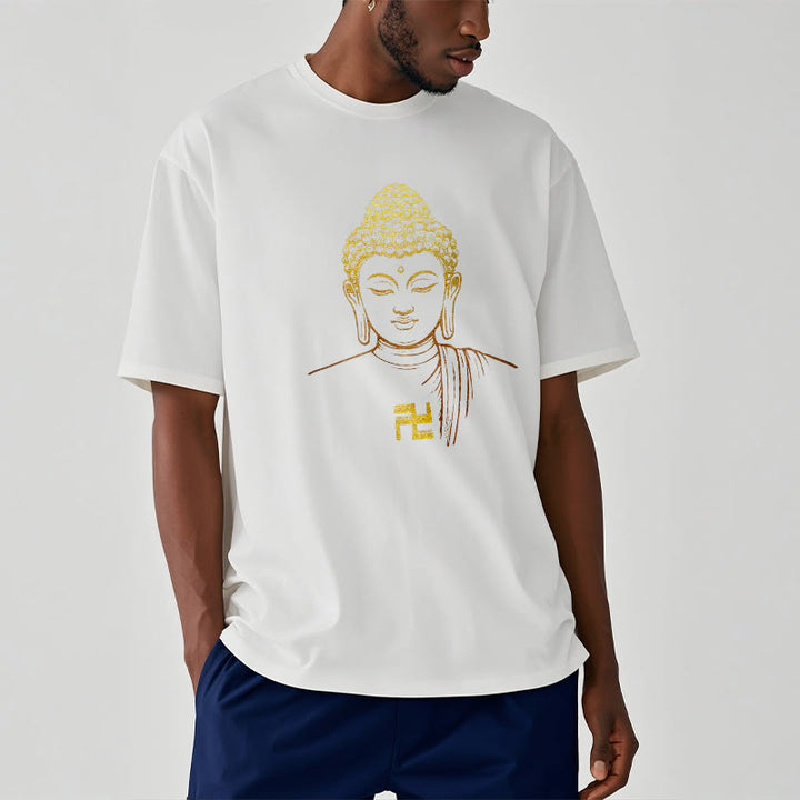 Camiseta de algodón con estampado de esvástica y Buda dorado con Buddha Stones - image 3