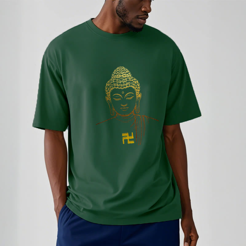 Camiseta de algodón con estampado de esvástica y Buda dorado con Buddha Stones - image 10
