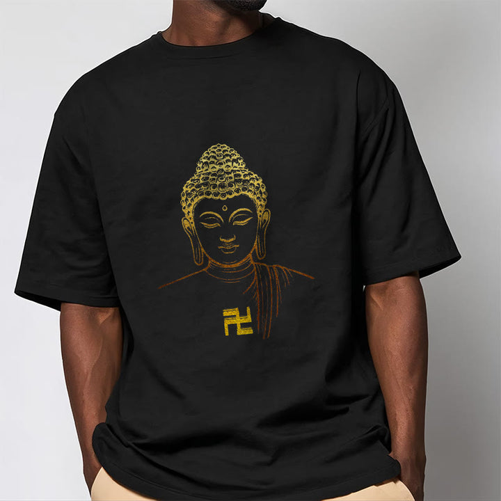 Camiseta de algodón con estampado de esvástica y Buda dorado con Buddha Stones - image 6