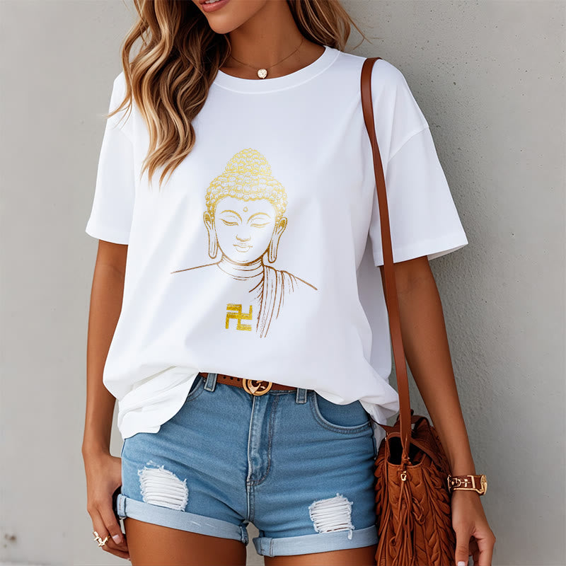 Camiseta de algodón con estampado de esvástica y Buda dorado con Buddha Stones - image 2