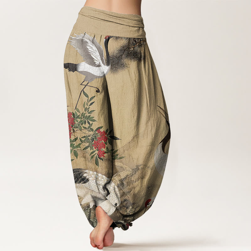 Pantalones harén con cintura elástica para mujer, estilo casual, con diseño de grulla de corona roja y pino en la montaña, con piedras de Buddha Stones - image 3